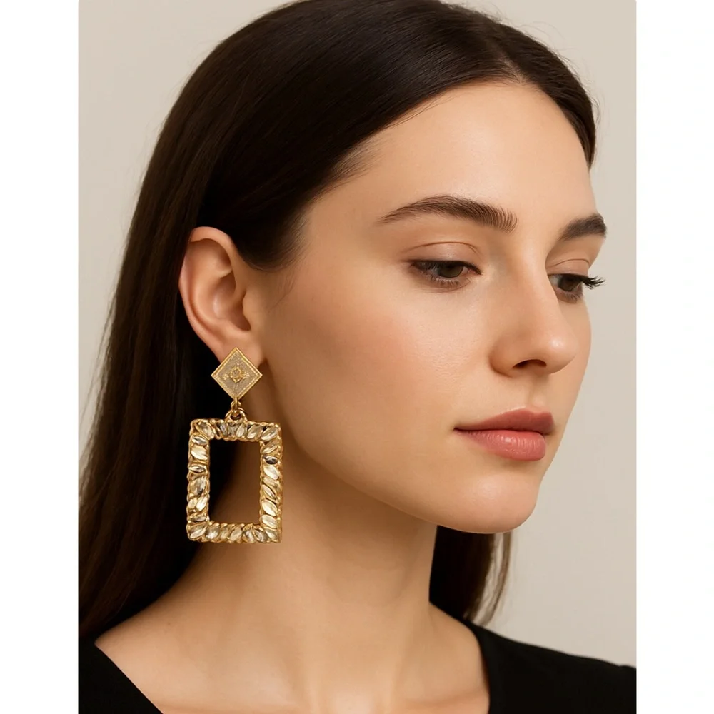 Elegant Gold Statement Earrings with Clear Glass Stones